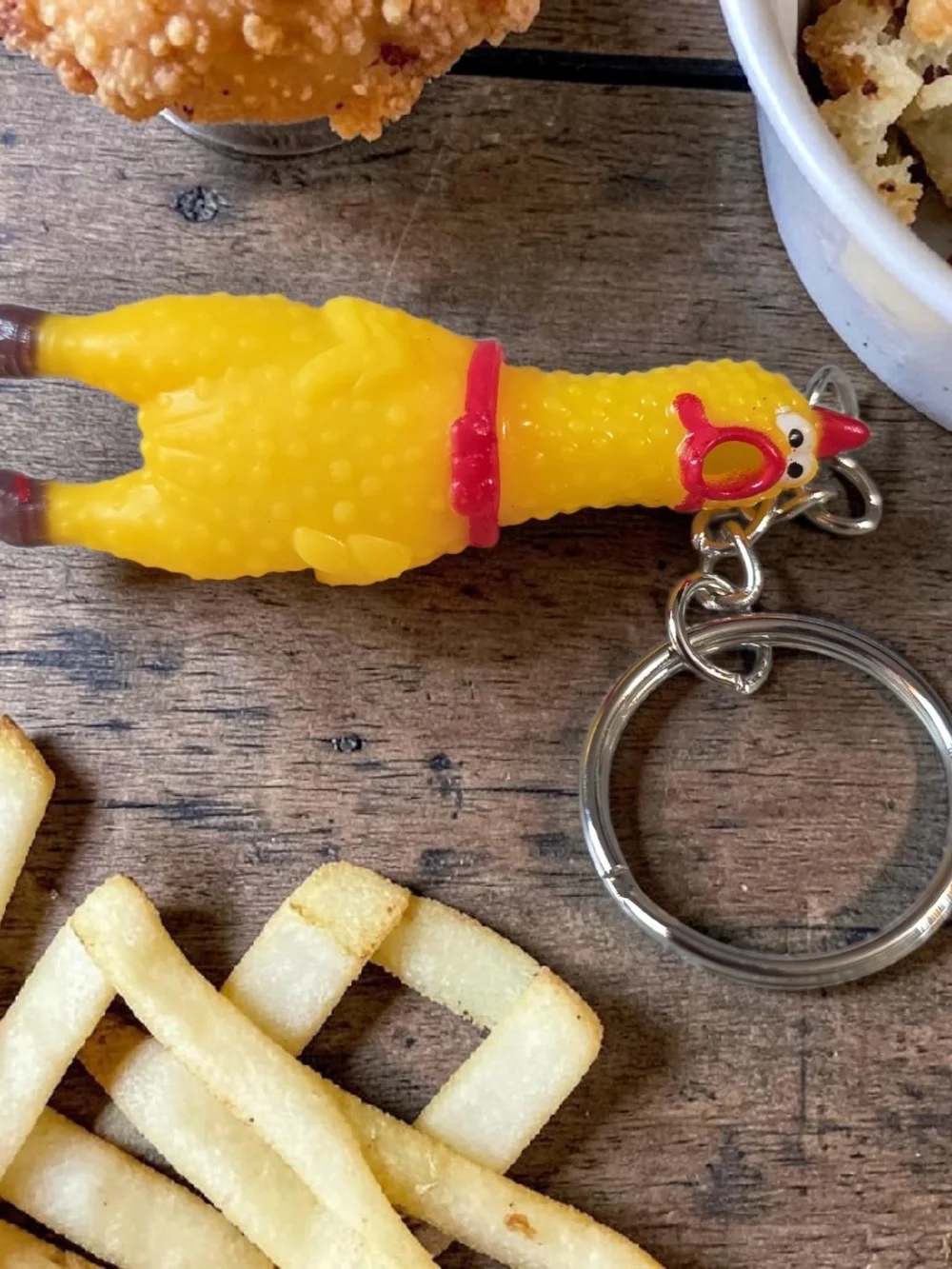 Squeaky Yellow Rubber Chicken Keychain